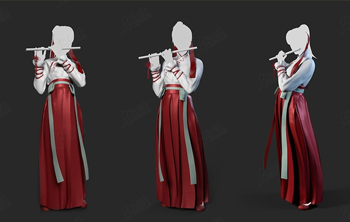 古代红袍吹笛女子