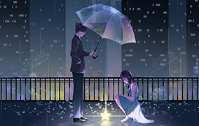 雨夜都市中的情侣 